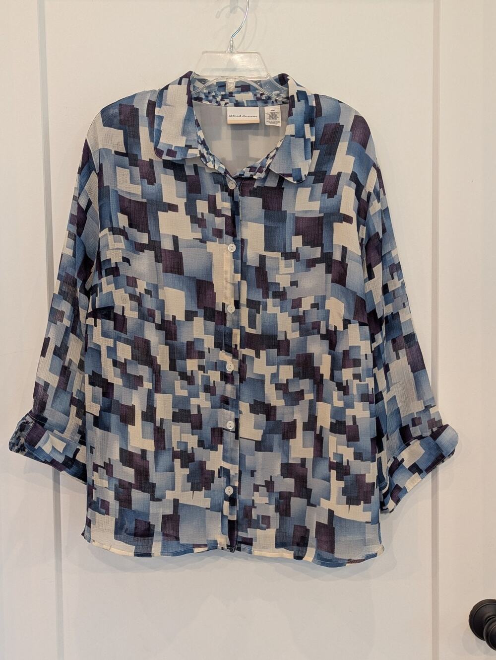 Alfred Dunner 22W Blue Check Blouse Lined 3/4 Sleeves Grannycore Preppy EUC